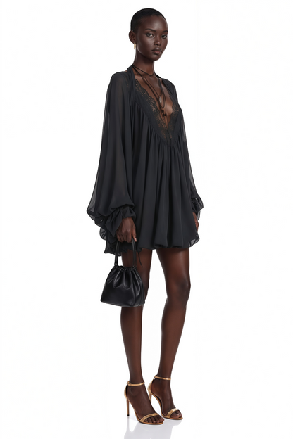 Lilou Black Plunge Neck Lace Mini Dress