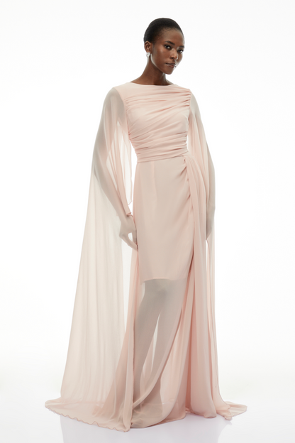 Lindsay Pink Ruched Maxi Dress with Draped Sleeves