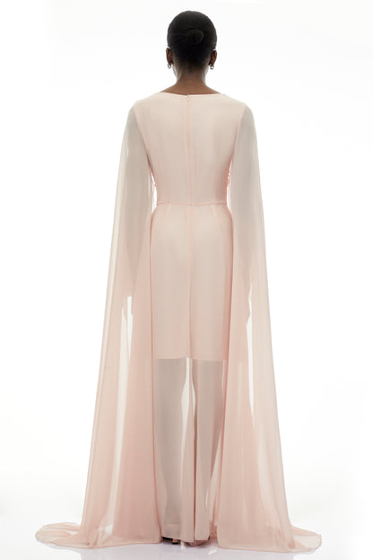 Lindsay Pink Ruched Maxi Dress with Draped Sleeves