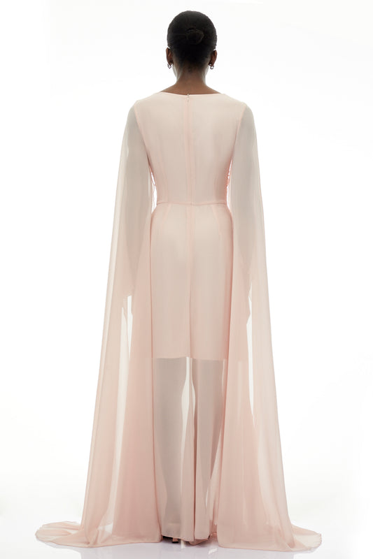 Lindsay Pink Ruched Maxi Dress with Draped Sleeves
