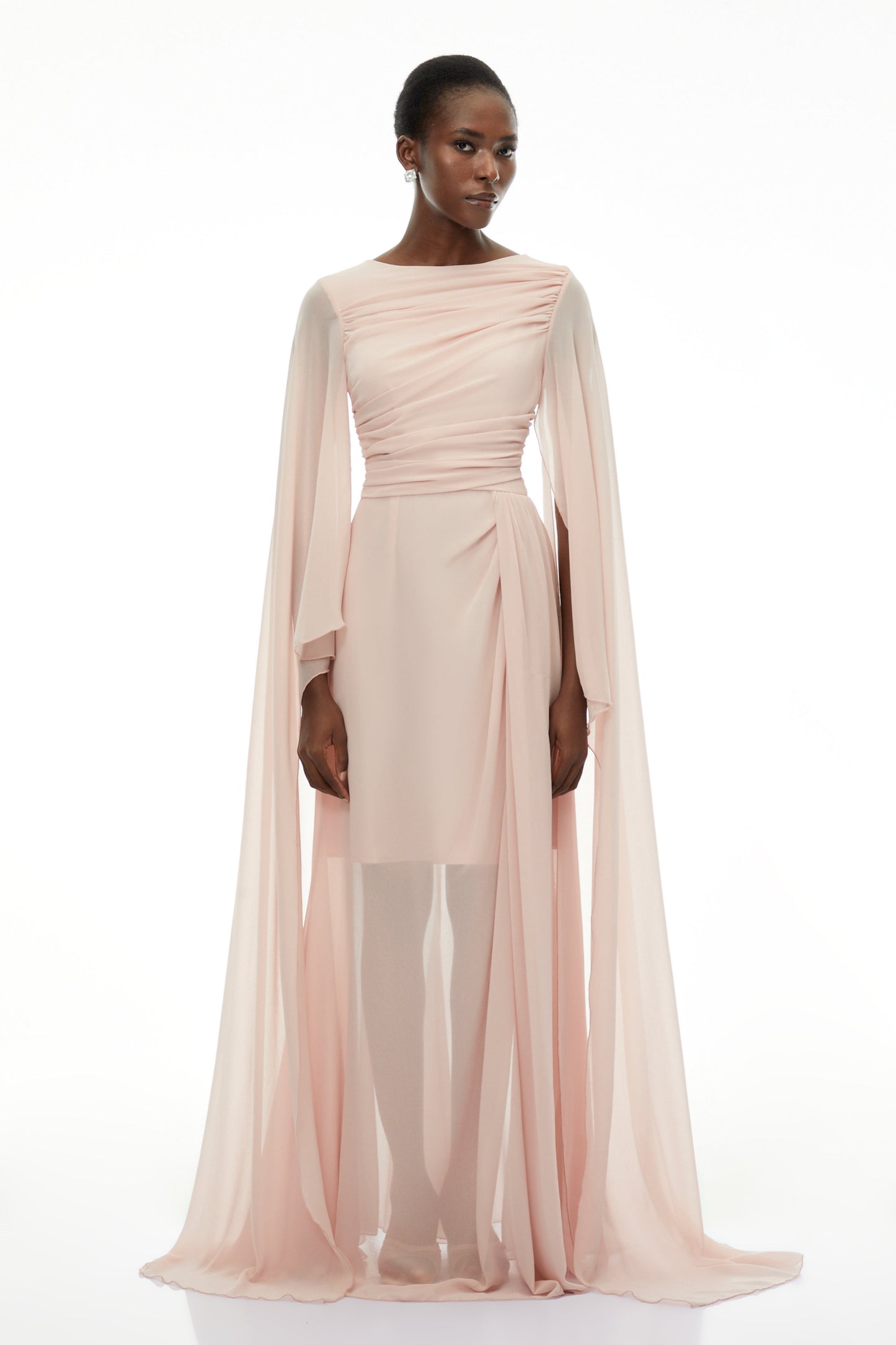 Lindsay Pink Ruched Maxi Dress with Draped Sleeves