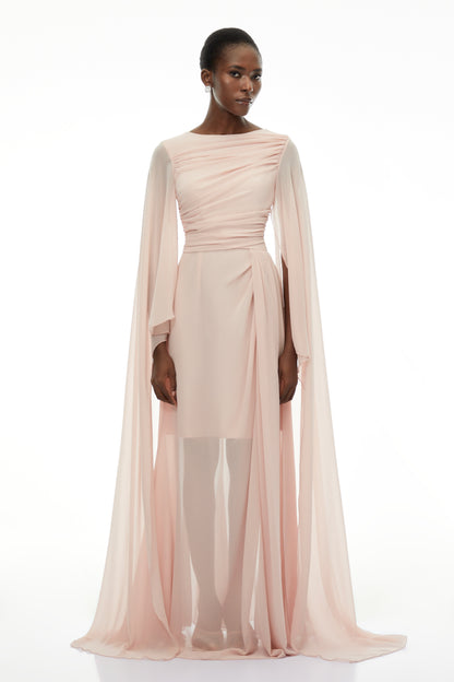 Lindsay Pink Ruched Maxi Dress with Draped Sleeves