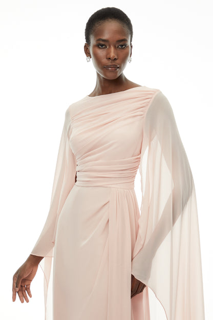 Lindsay Pink Ruched Maxi Dress with Draped Sleeves