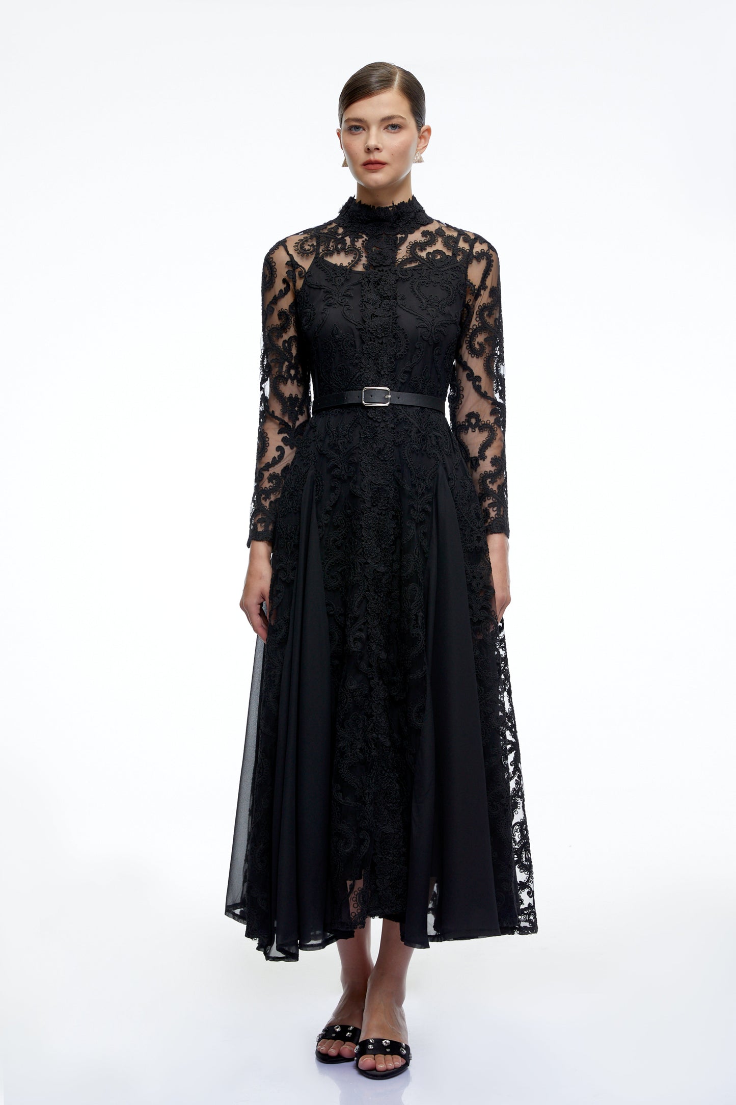 Linnea Black Long Sleeves Lace Midi Dress