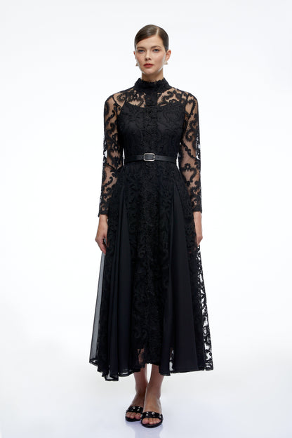 Linnea Black Long Sleeves Lace Midi Dress