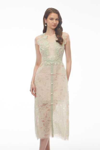Linnea Green Floral Applique V-Neck Midi Dress