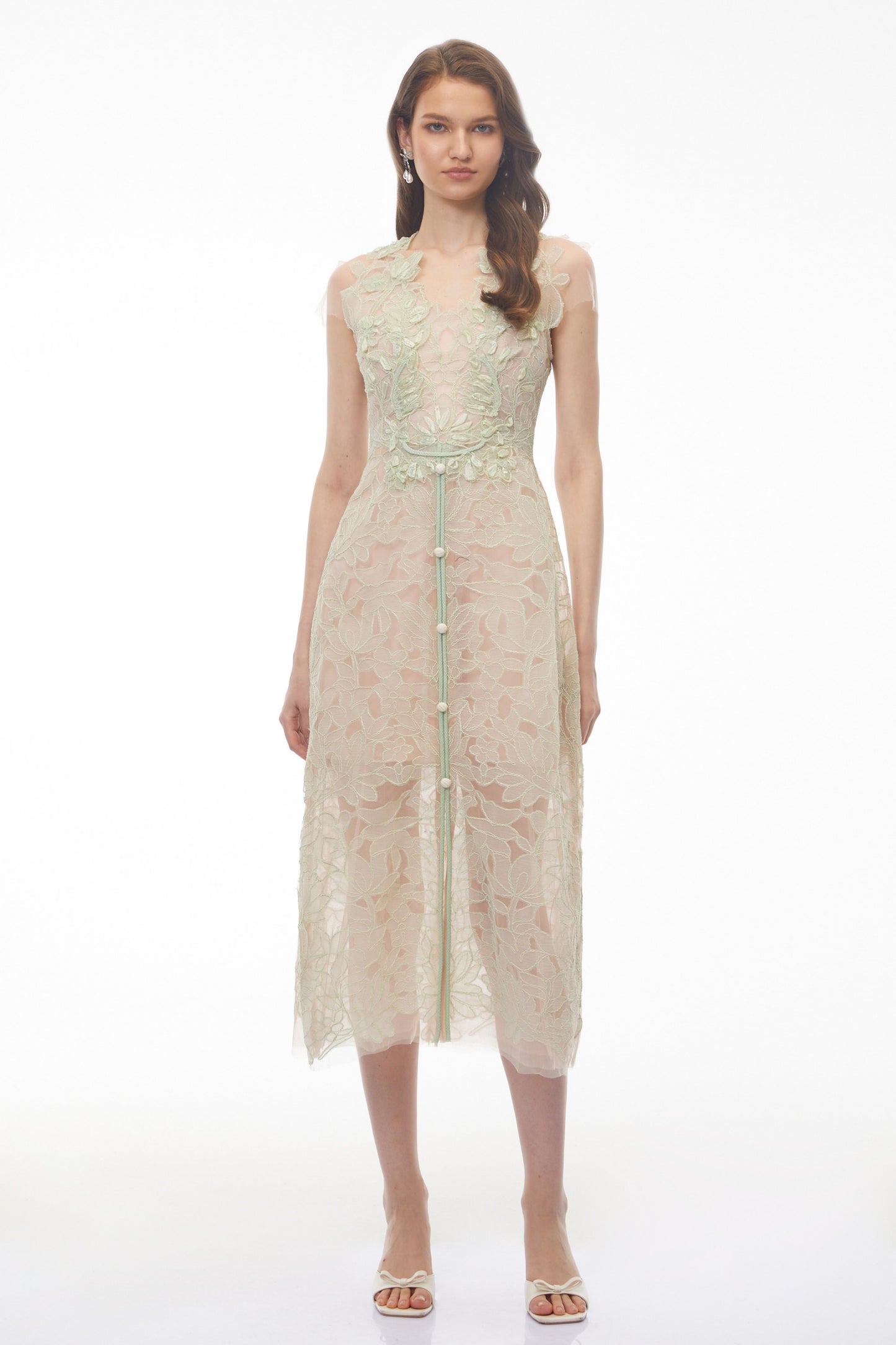 Linnea Green Floral Applique V-Neck Midi Dress