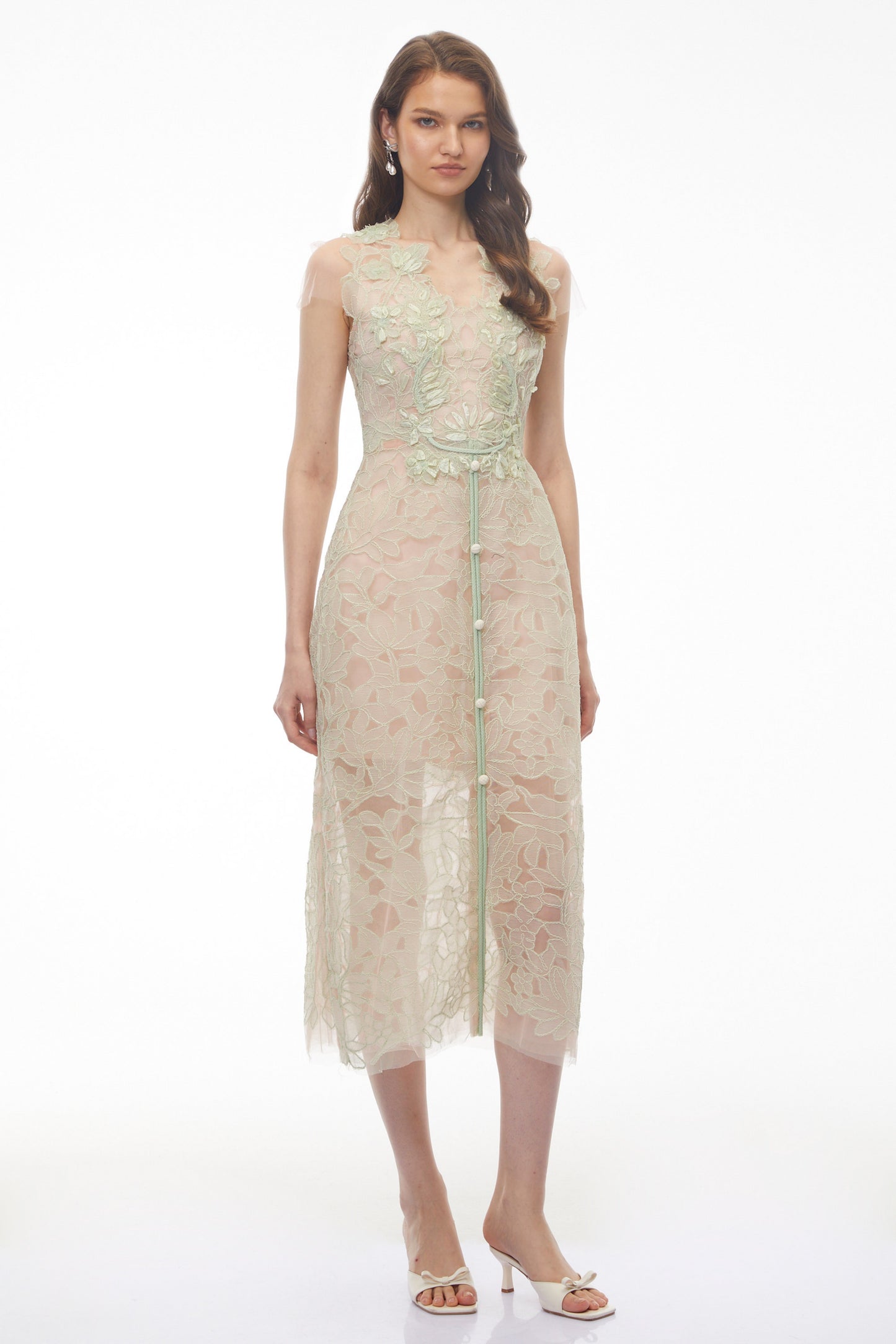 Linnea Green Floral Applique V-Neck Midi Dress
