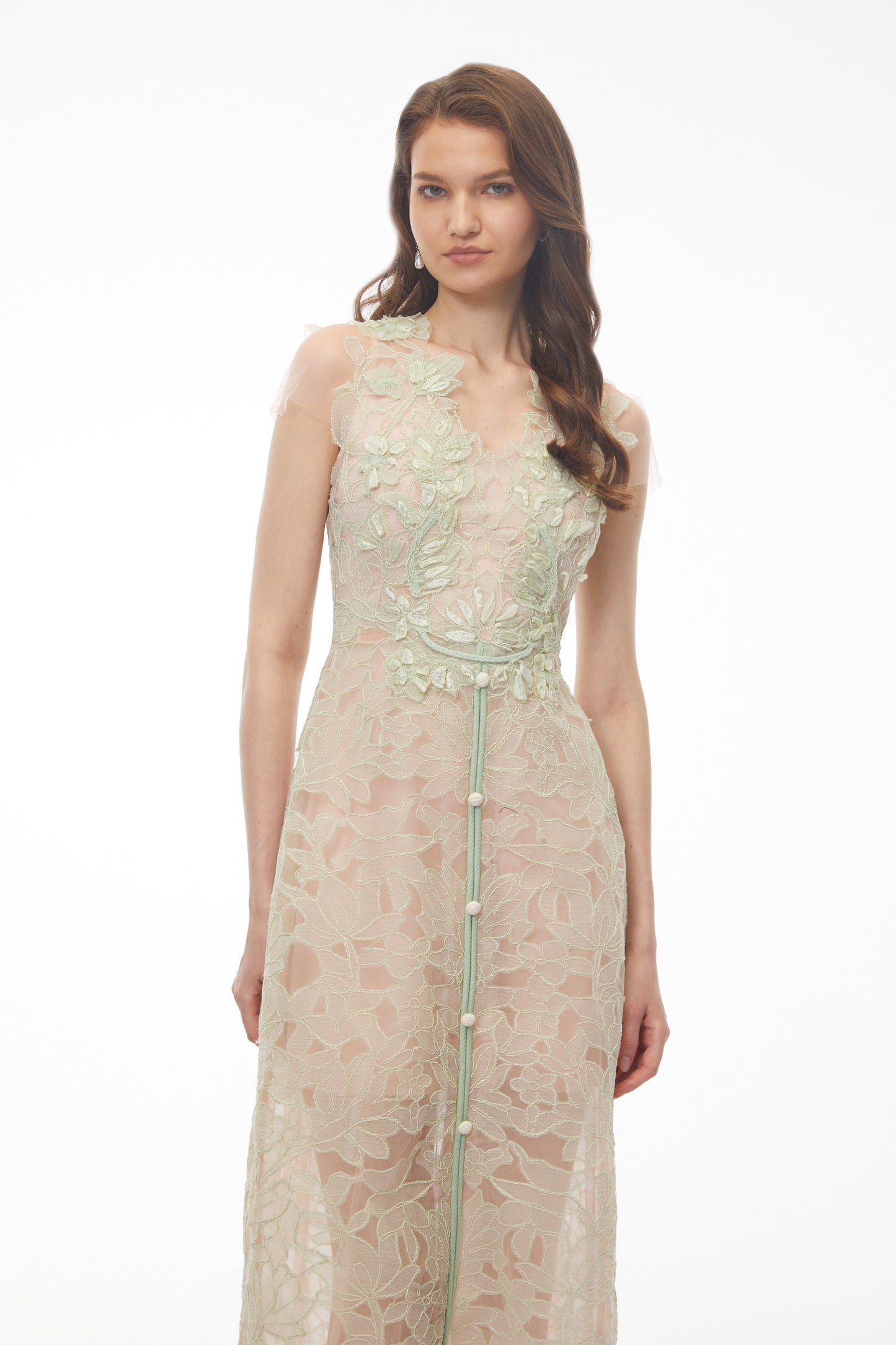 Linnea Green Floral Applique V-Neck Midi Dress