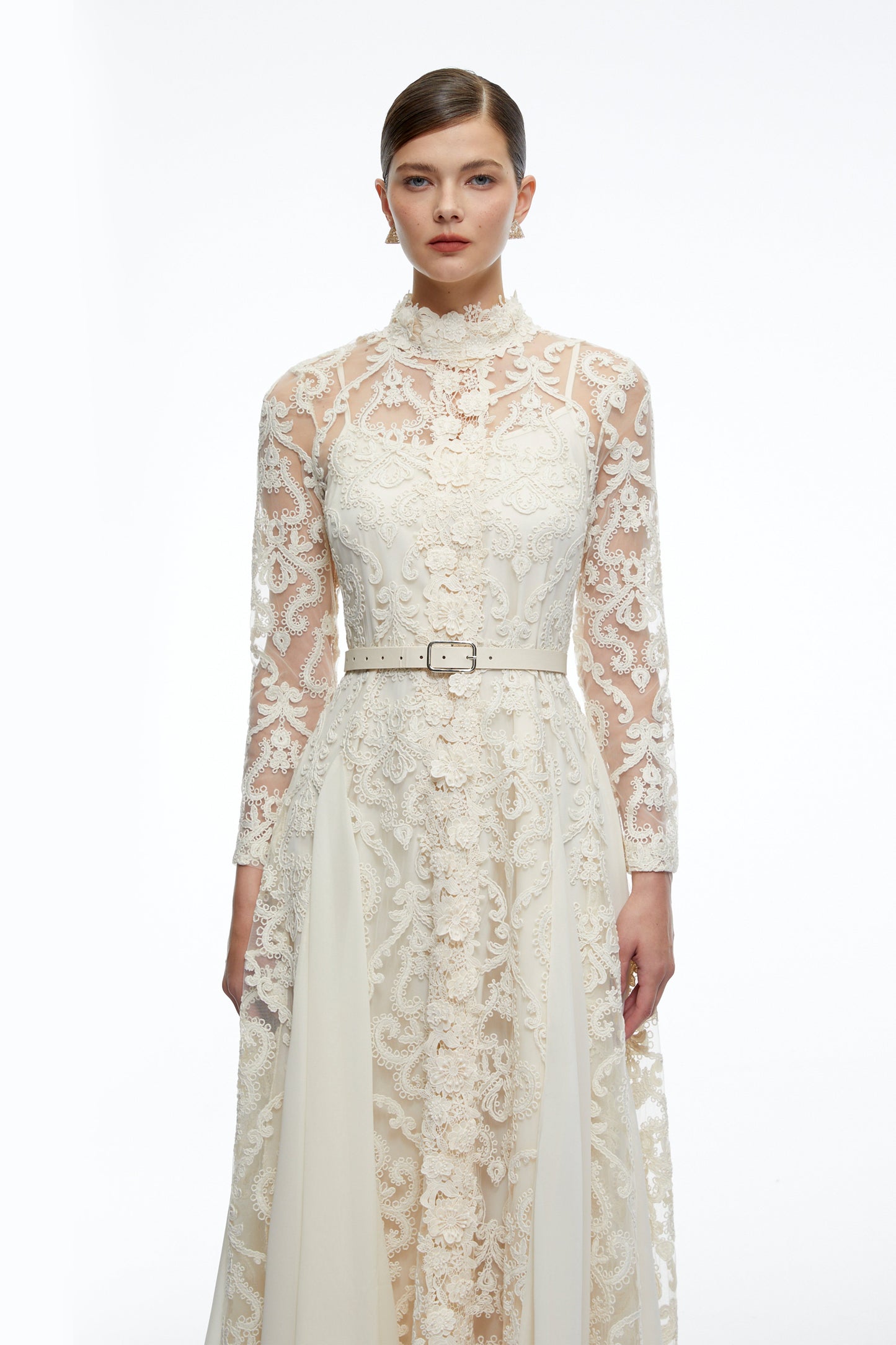 Linnea Neutral Long Sleeves Lace Midi Dress