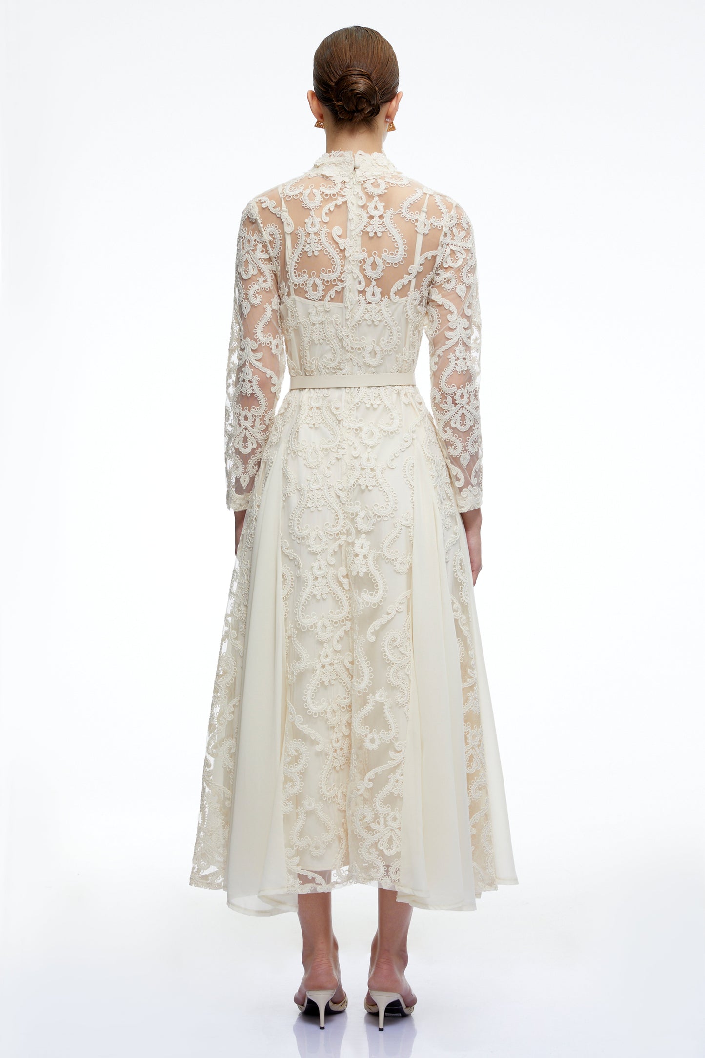 Linnea Neutral Long Sleeves Lace Midi Dress