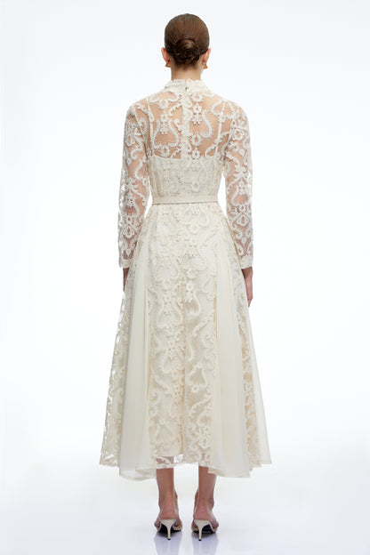 Linnea Neutral Long Sleeves Lace Midi Dress