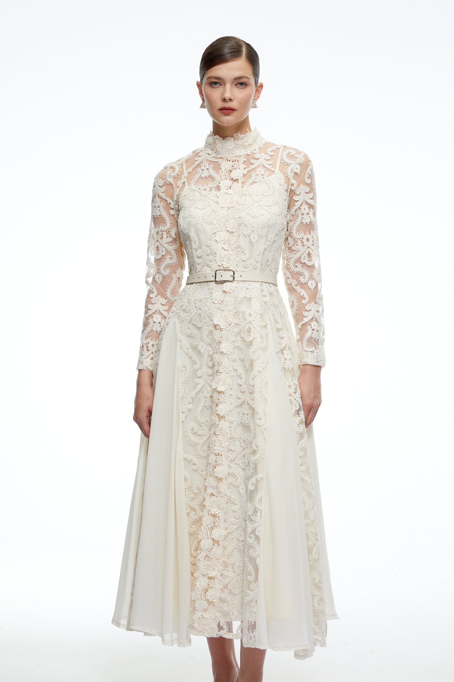 Linnea Neutral Long Sleeves Lace Midi Dress
