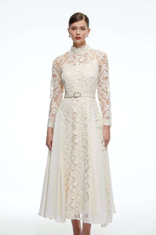 Linnea Neutral Long Sleeves Lace Midi Dress