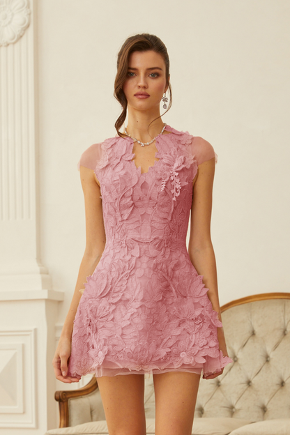 Linnea Pink Floral Applique V-Neck Mini Dress