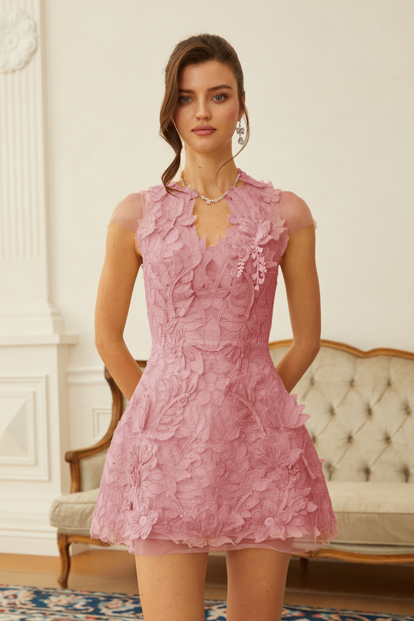 Linnea Pink Floral Applique V-Neck Mini Dress