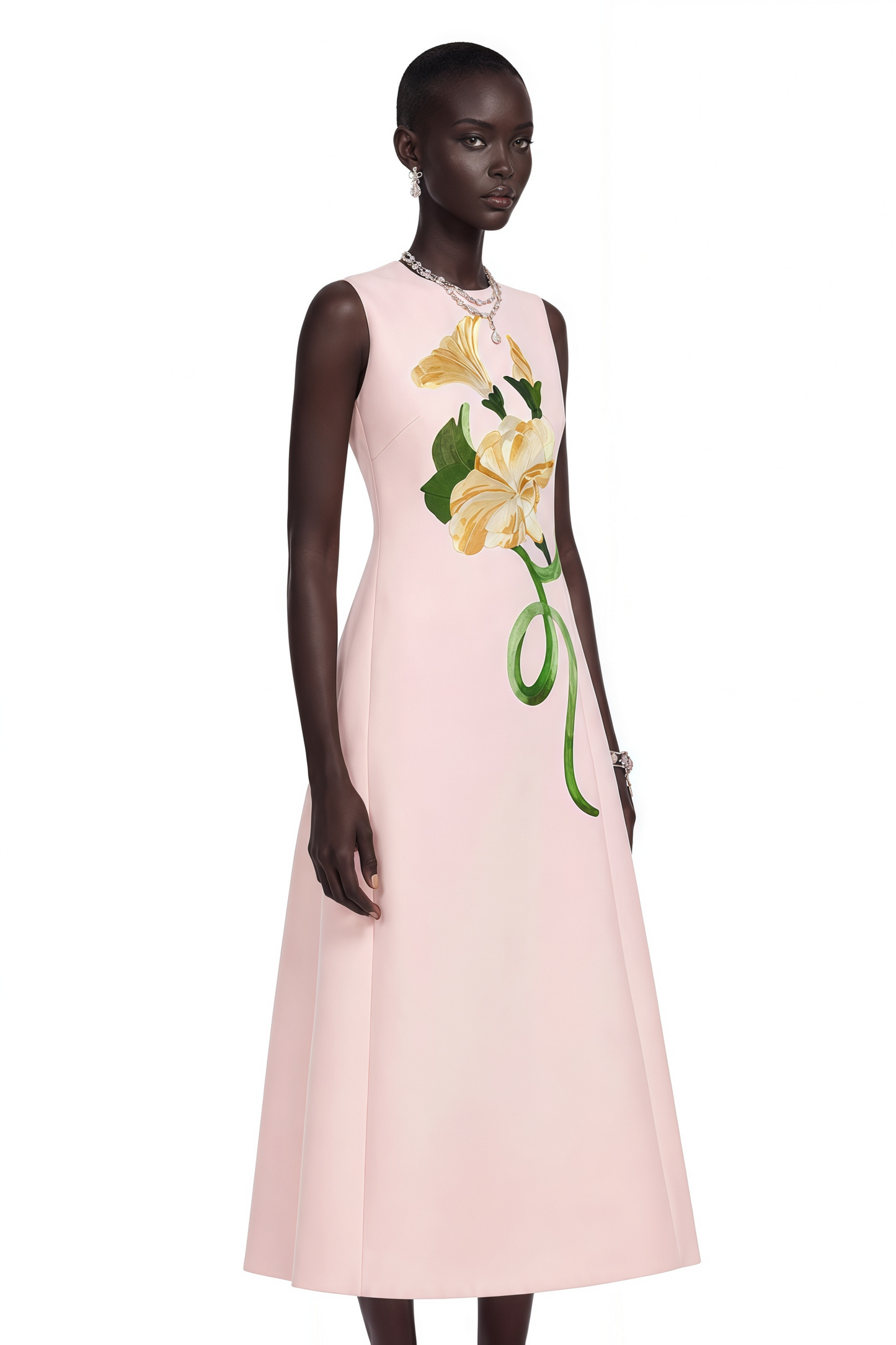Livia Pink A-Line Midi Dress with Floral Applique