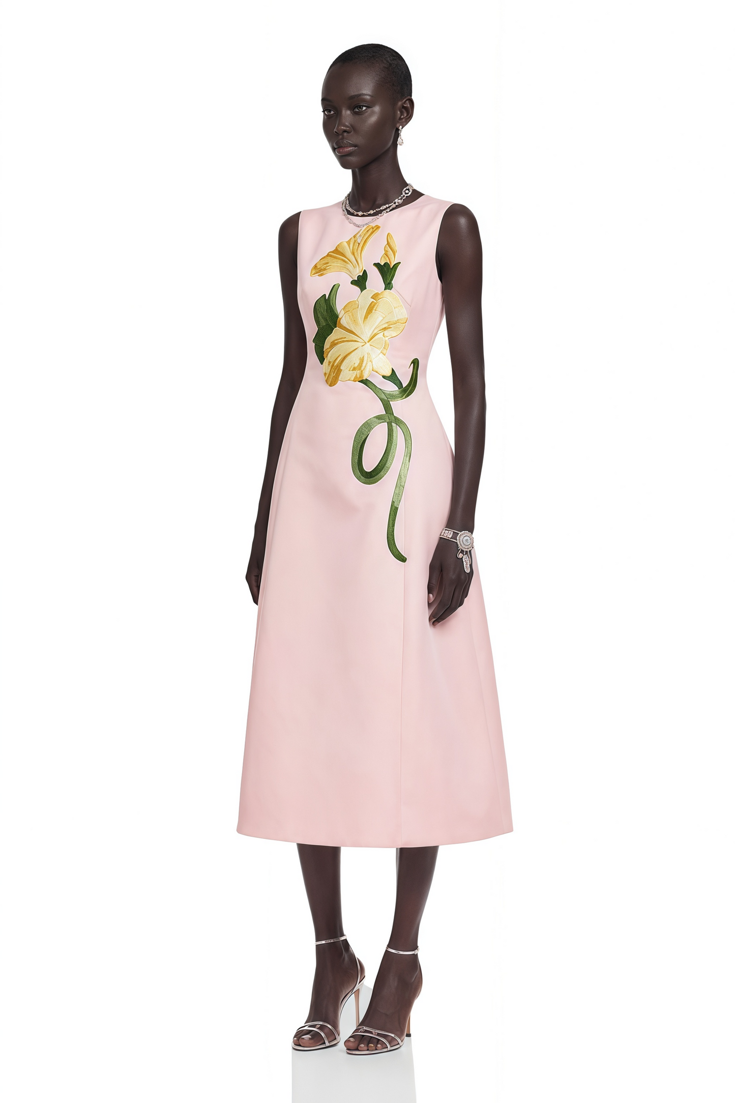 Livia Pink A-Line Midi Dress with Floral Applique