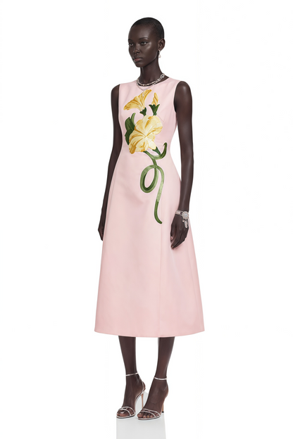 Livia Pink A-Line Midi Dress with Floral Applique