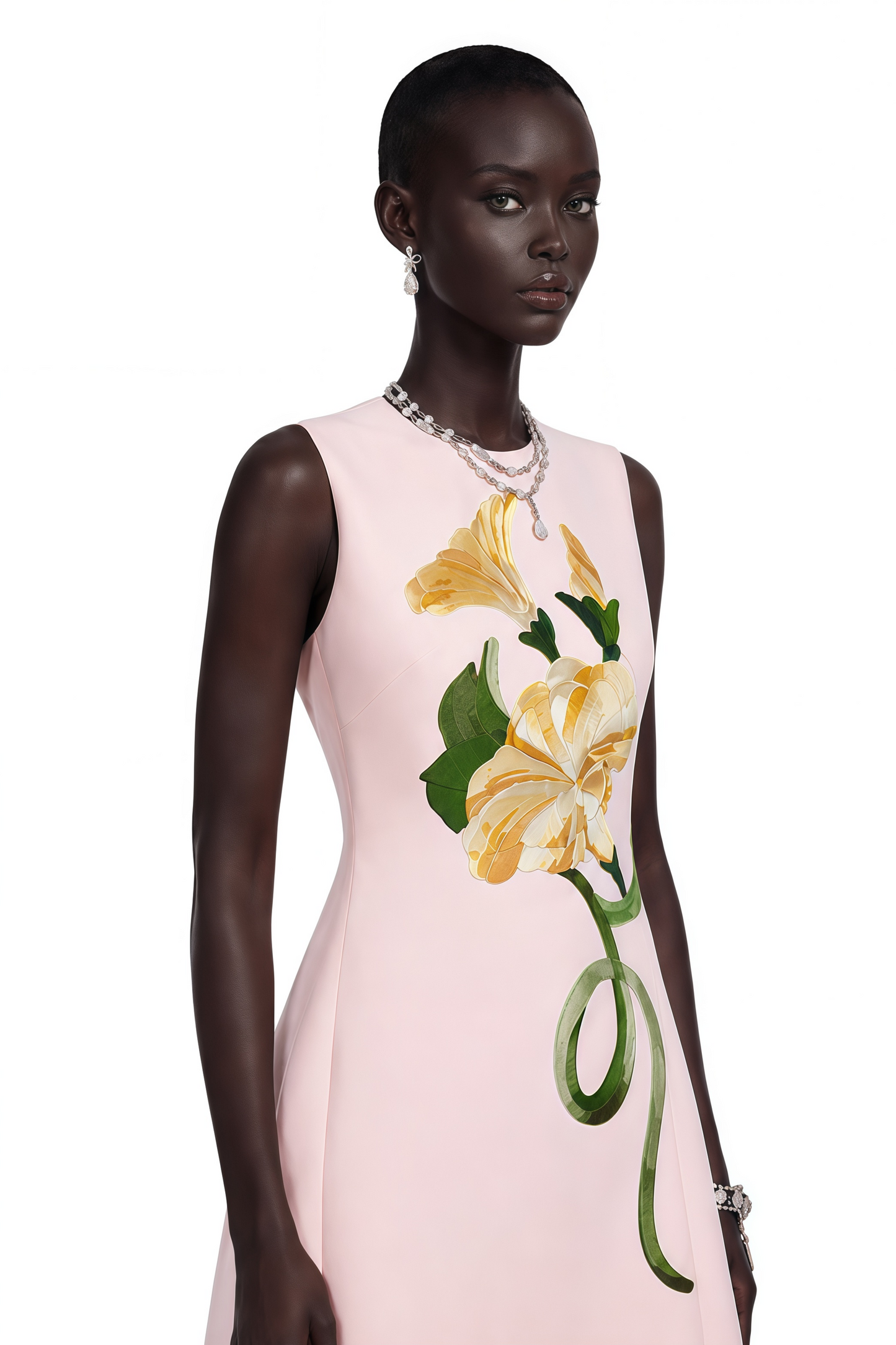Livia Pink A-Line Midi Dress with Floral Applique