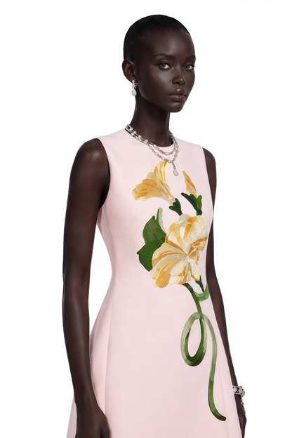 Livia Pink A-Line Midi Dress with Floral Applique