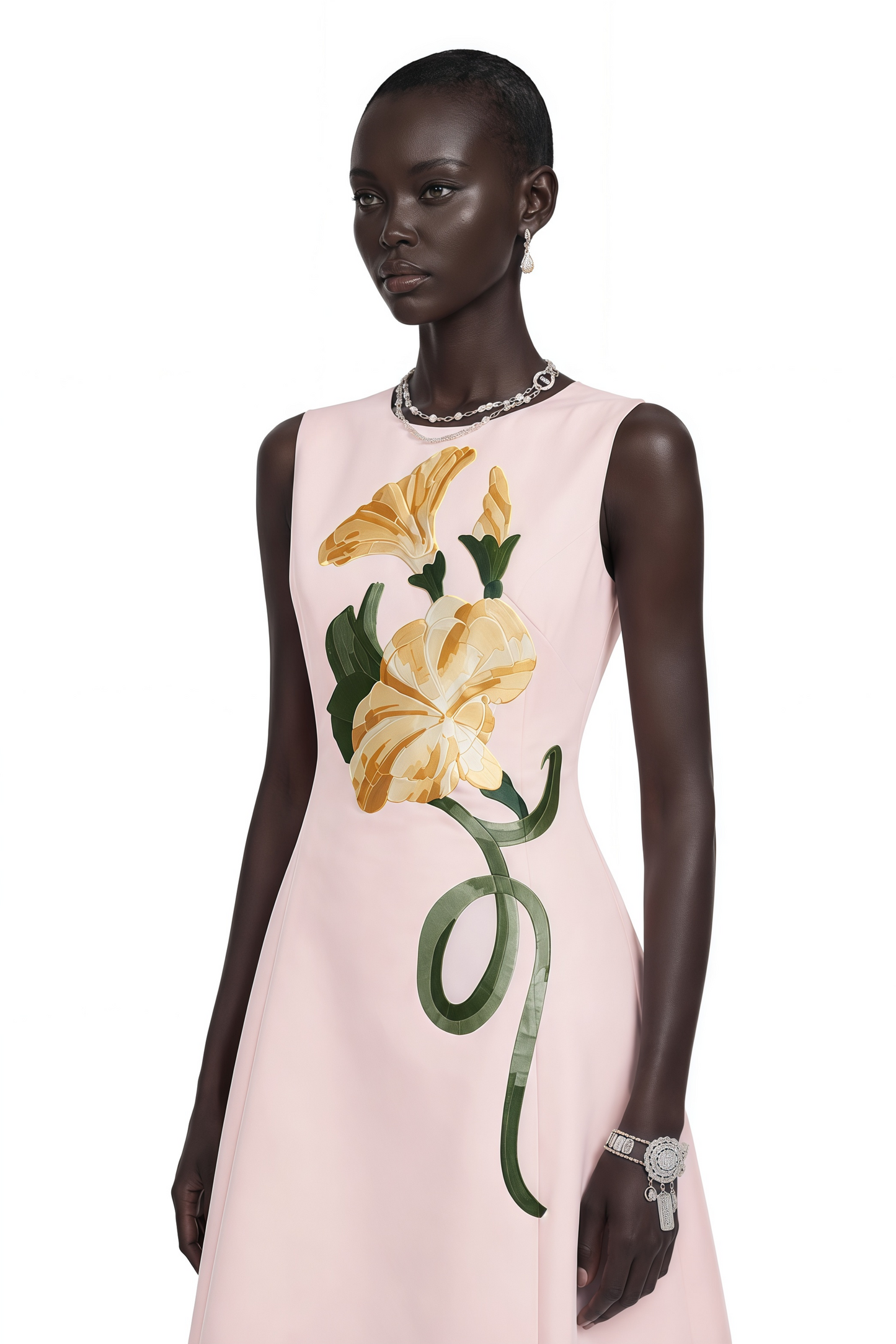 Livia Pink A-Line Midi Dress with Floral Applique