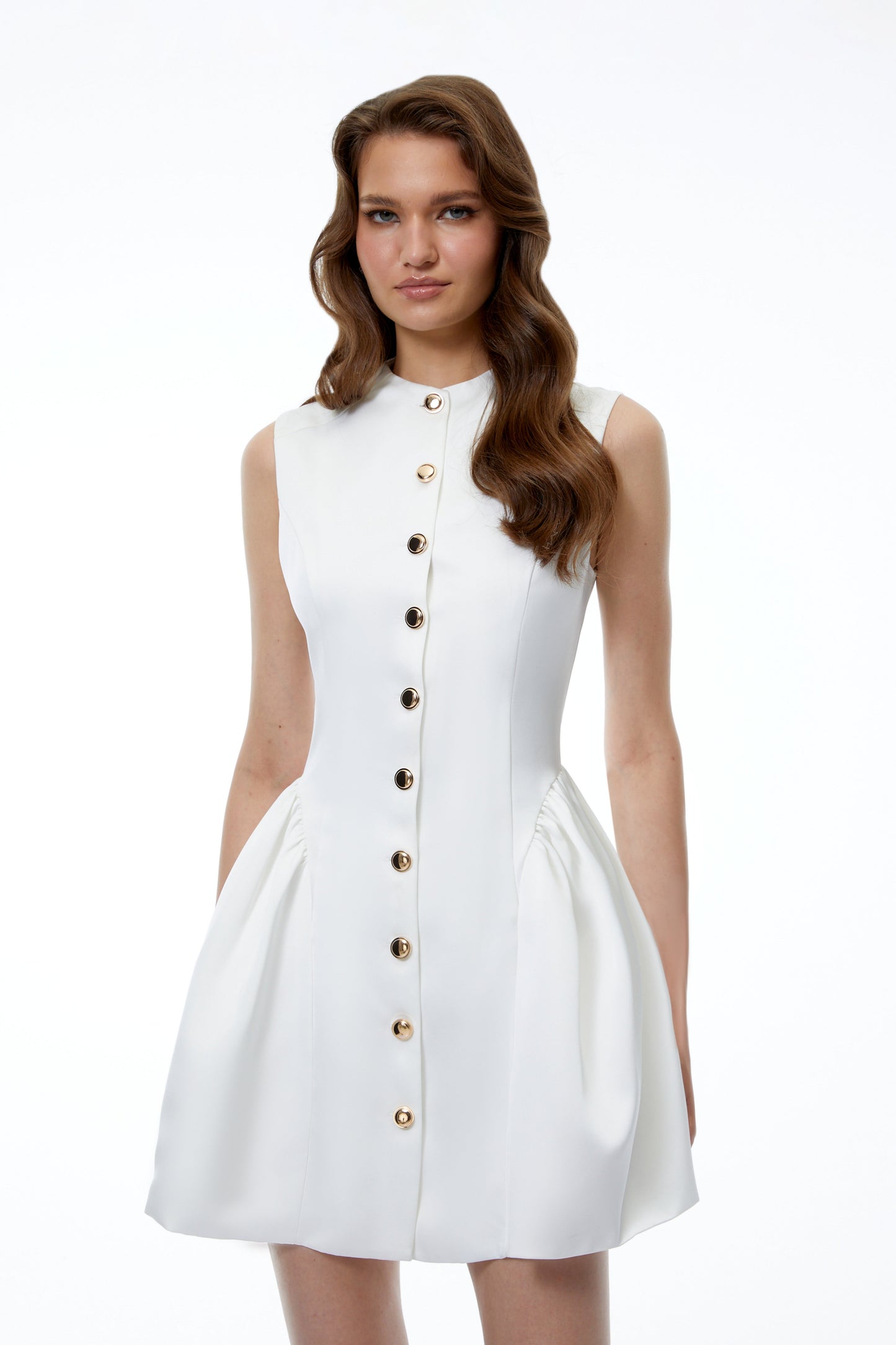 Lorelei White Sleeveless Ruched Mini Dress with Buttons