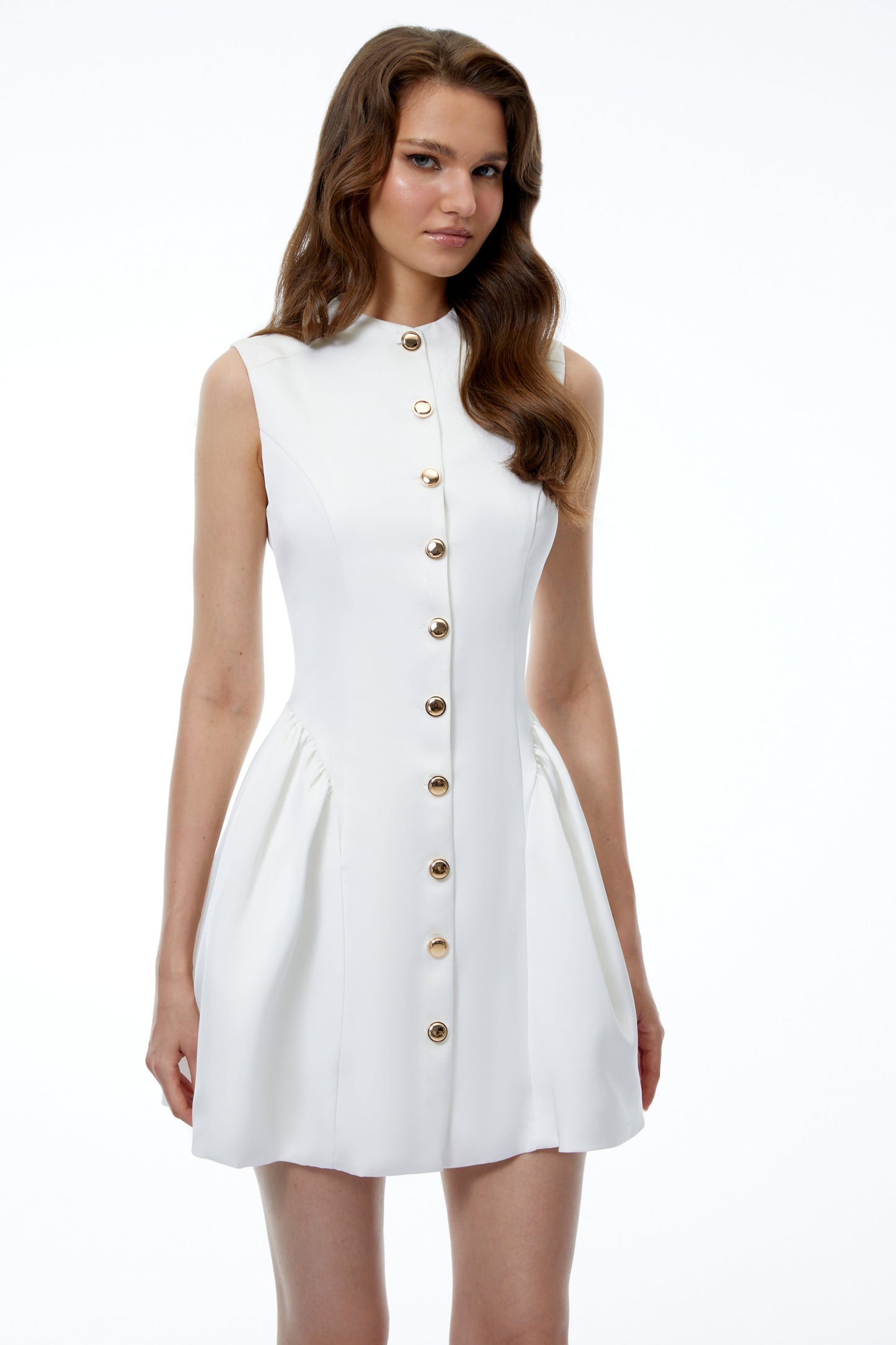 Lorelei White Sleeveless Ruched Mini Dress with Buttons