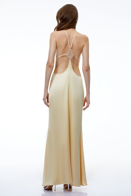Loviatar Gold Backless Satin Maxi Dress