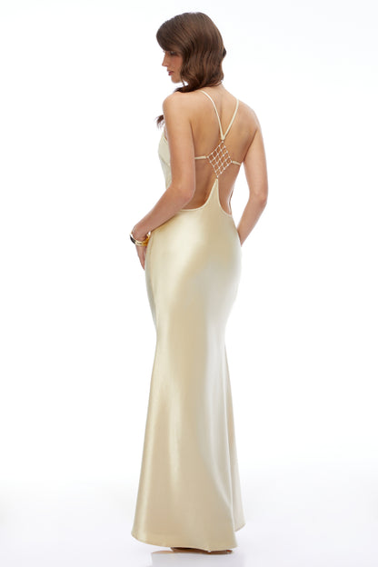 Loviatar Gold Backless Satin Maxi Dress