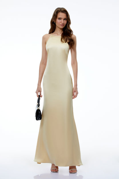 Loviatar Gold Backless Satin Maxi Dress