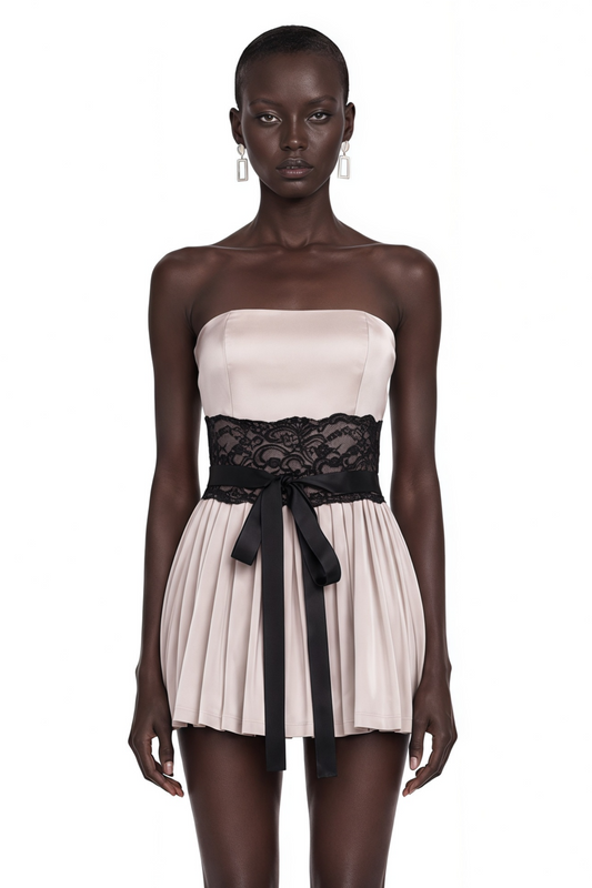 Luciana Champagne Off Shoulder Mini Dress with Lace Panels