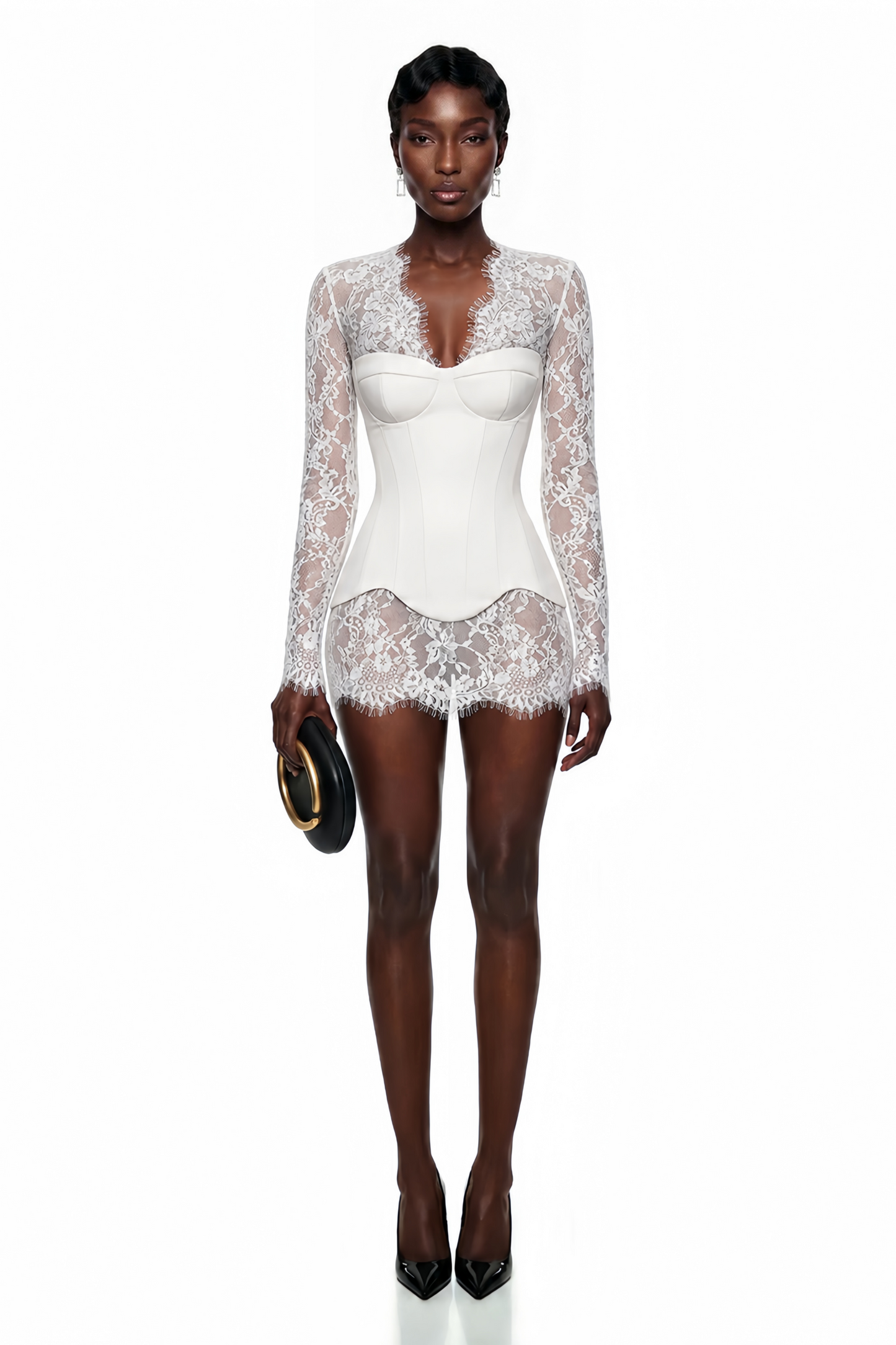 Luciana White Plunge Neck Mini Dress with Lace Panel
