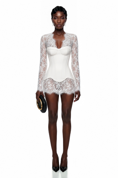 Luciana White Plunge Neck Mini Dress with Lace Panel