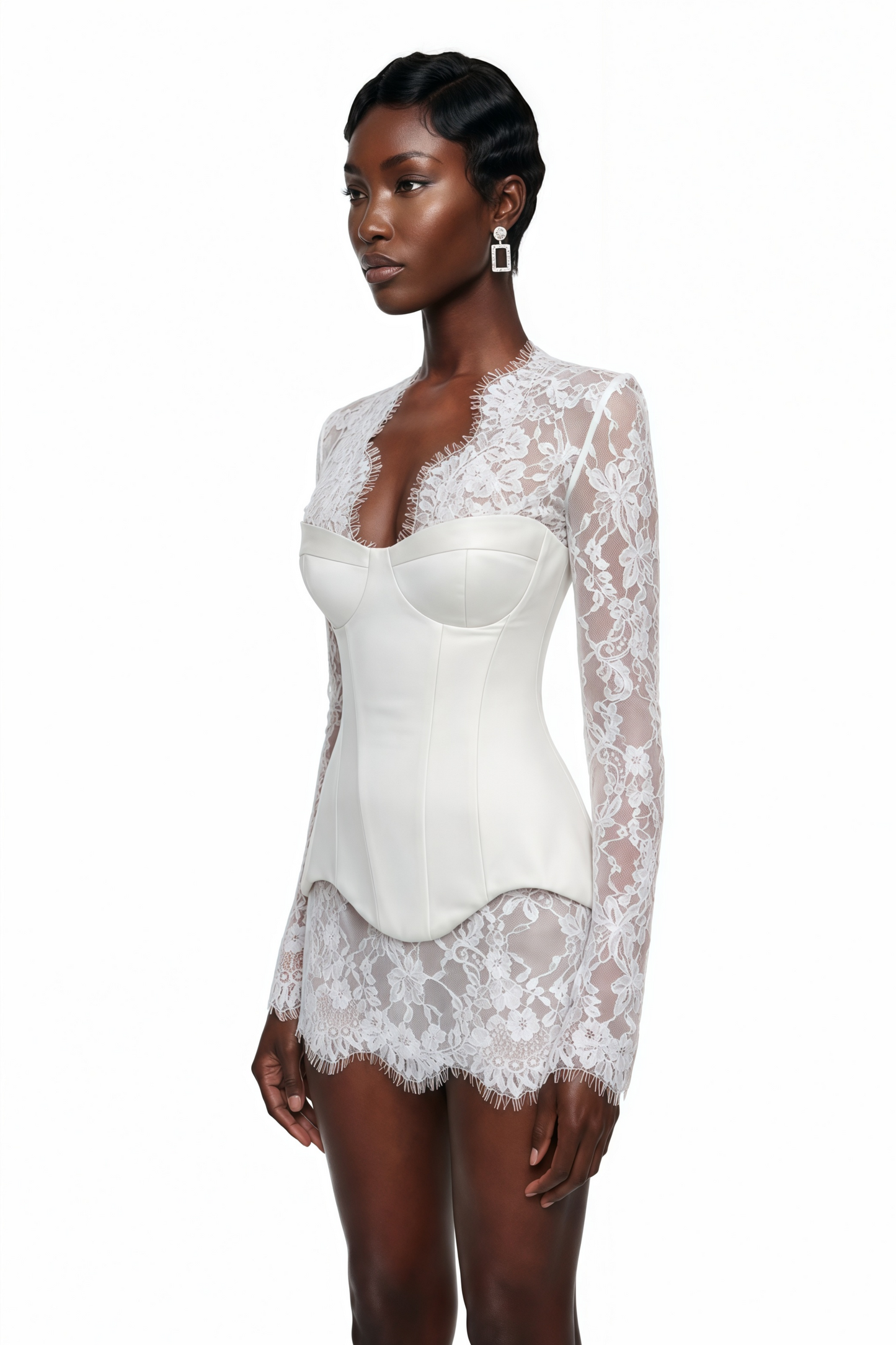 Luciana White Plunge Neck Mini Dress with Lace Panel
