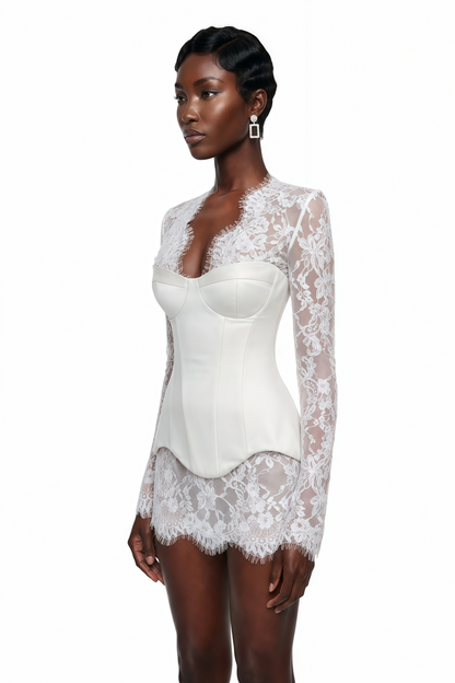 Luciana White Plunge Neck Mini Dress with Lace Panel