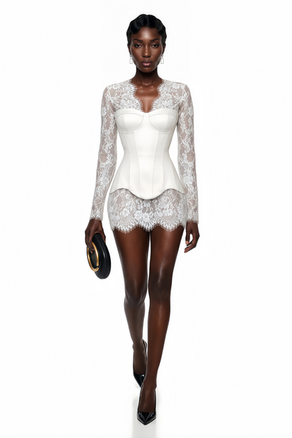 Luciana White Plunge Neck Mini Dress with Lace Panel