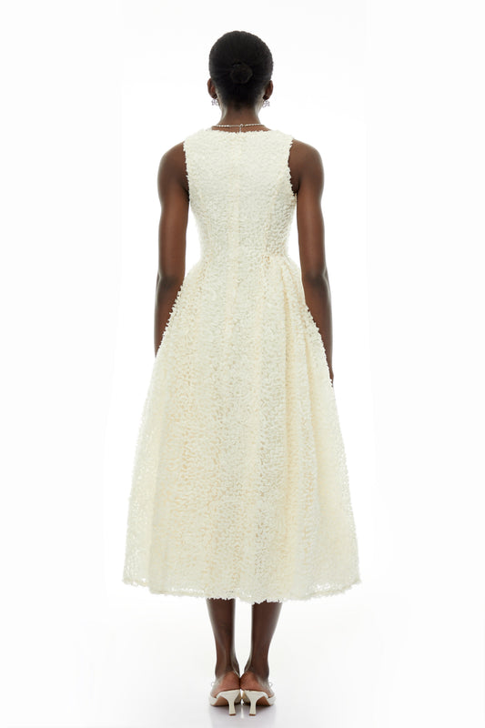 Luciana White Sleeveless Midi Dress with Fitted Bodice