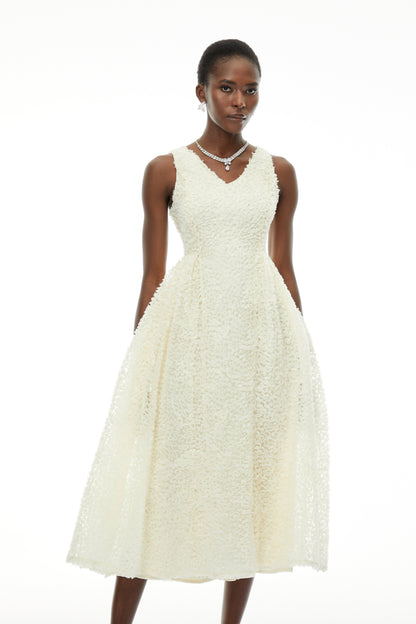 Luciana White Sleeveless Midi Dress with Fitted Bodice