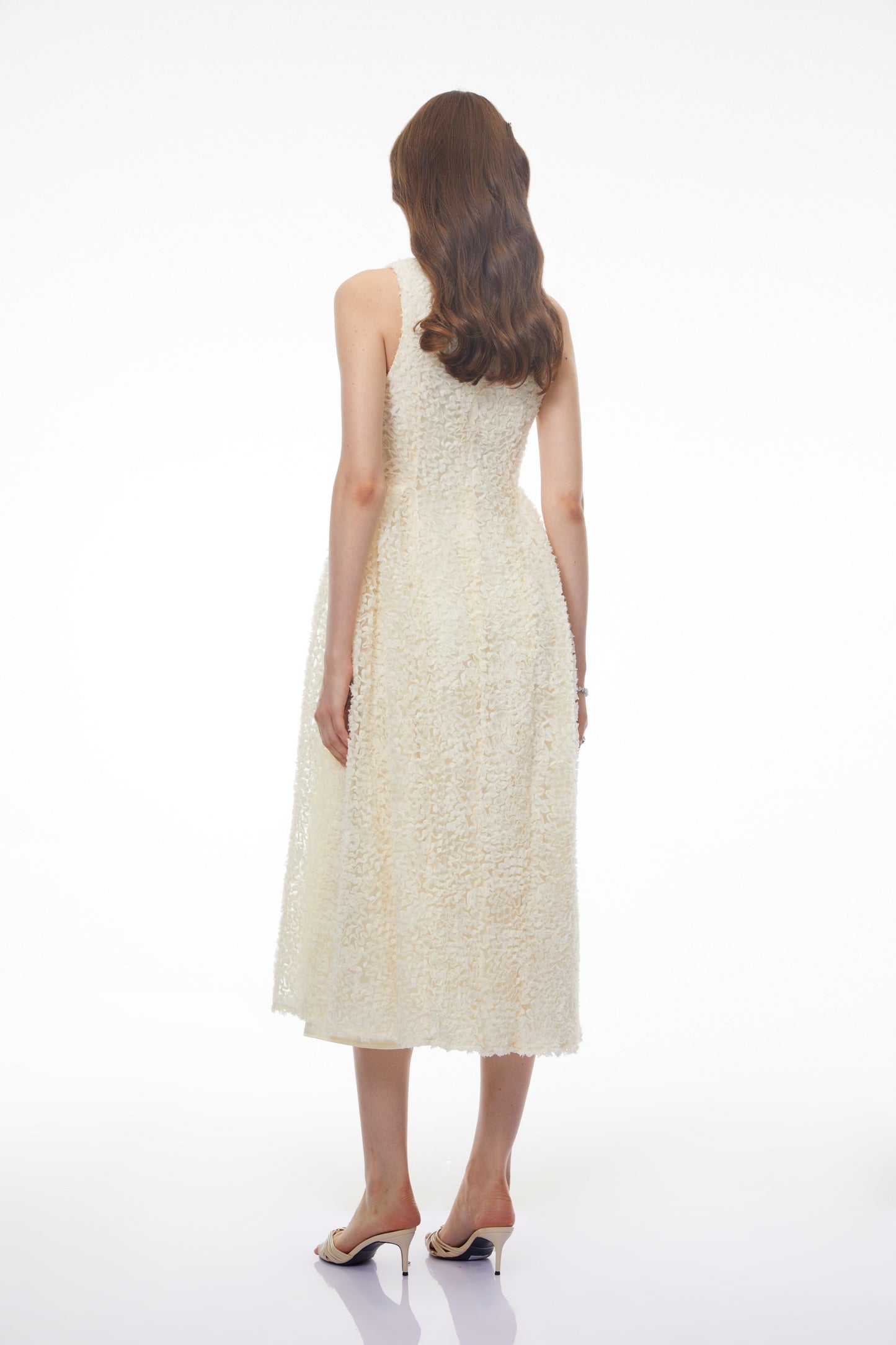 Luciana White Sleeveless Midi Dress with Fitted Bodice