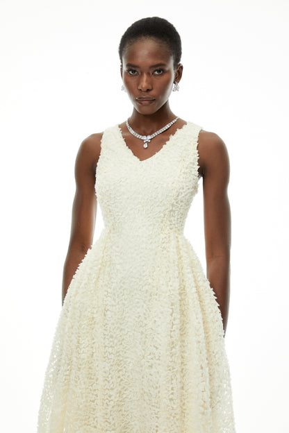 Luciana White Sleeveless Midi Dress with Fitted Bodice