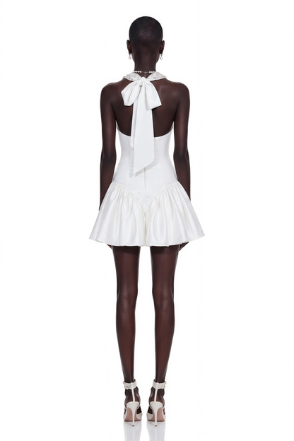 Lucie White Halterneck Mini Dress with Crystal Trim