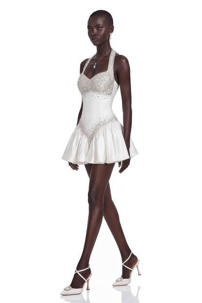 Lucie White Halterneck Mini Dress with Crystal Trim