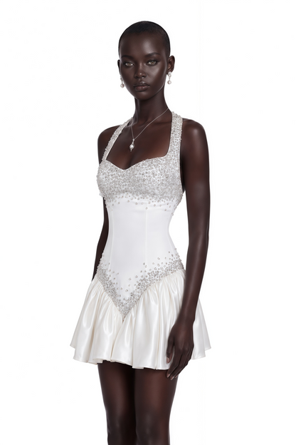 Lucie White Halterneck Mini Dress with Crystal Trim
