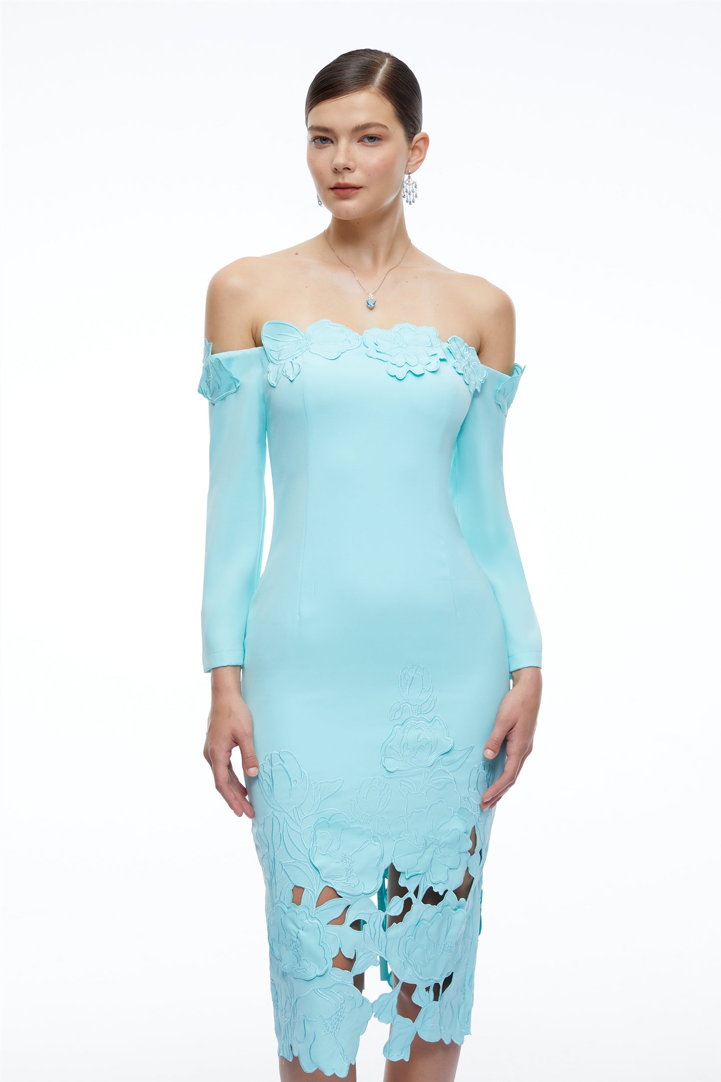 Inga Mint Green Off Shoulder Floral Midi Dress with Cut-Outs