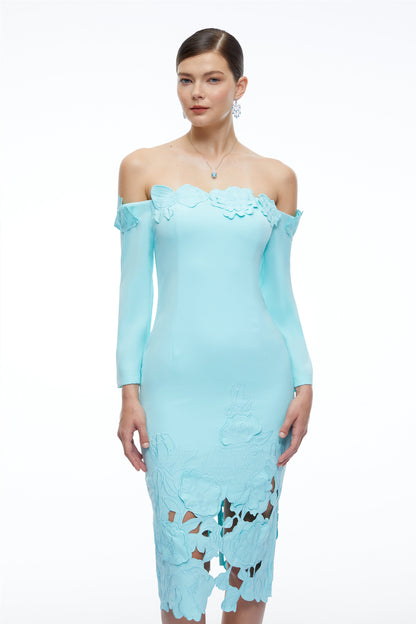 Inga Mint Green Off Shoulder Floral Midi Dress with Cut-Outs