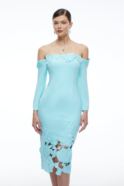 Inga Mint Green Off Shoulder Floral Midi Dress with Cut-Outs