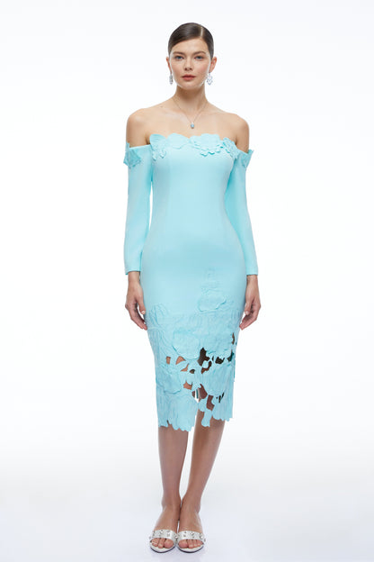 Inga Mint Green Off Shoulder Floral Midi Dress with Cut-Outs