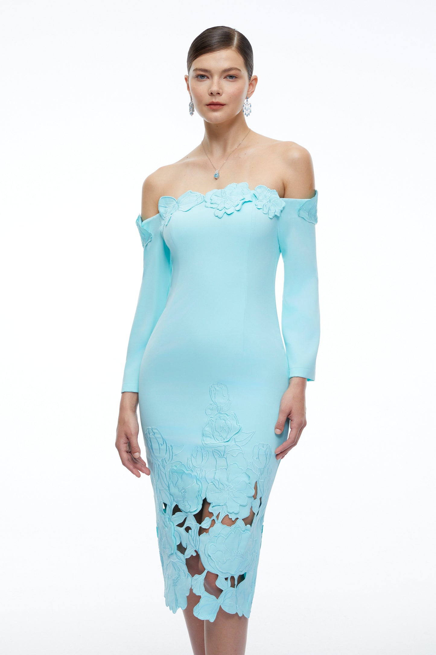Inga Mint Green Off Shoulder Floral Midi Dress with Cut-Outs