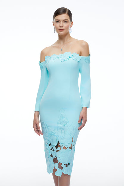 Inga Mint Green Off Shoulder Floral Midi Dress with Cut-Outs